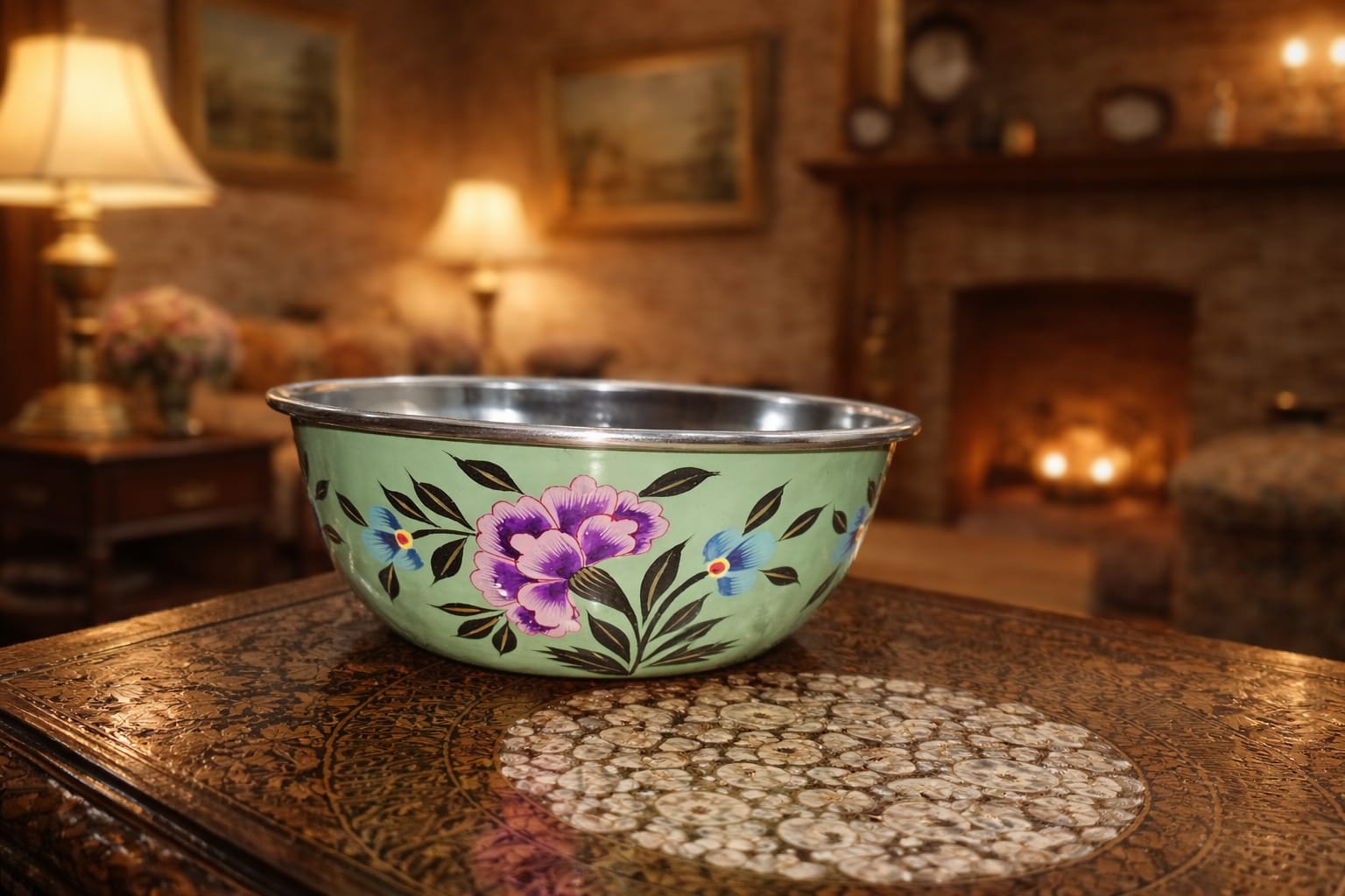 Big Fruit Bowl, Hand painted fruit bowl, Steel bowl with Kashmiri floral design, Enamelware bowl-handcrafted, stainless steel bowl 6 inch